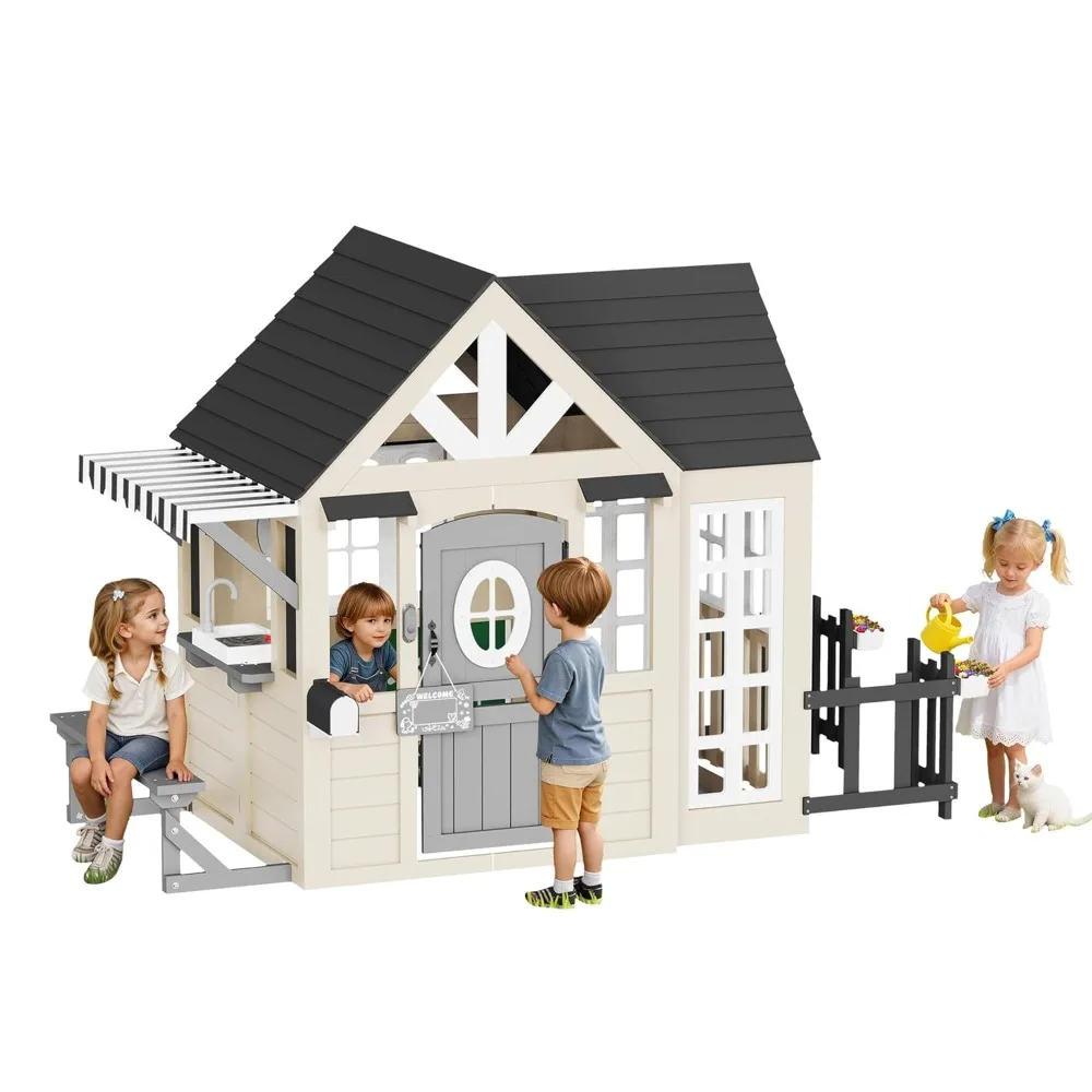 

Outdoor Wooden Playhouse with Kitchen Set, Mailbox & Doorbell, Durable Wood Construction with Waterproof Roof, Customized