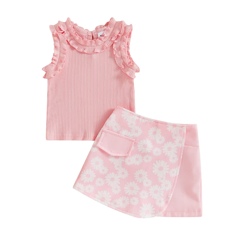 

Little Girl Summer Outfit Solid Color Ribbed Frill Ruffled Round Neck Tank Tops with Daisy Pattern Shorts