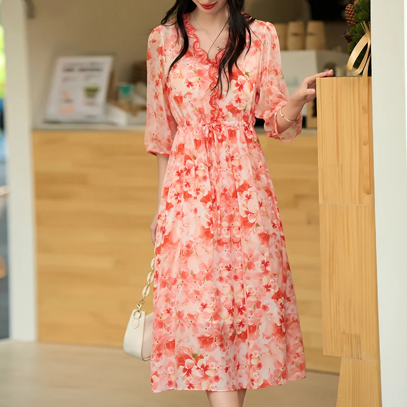 Prairie Chic Elegant Dresses for Women Spring Summer 100% Real Silk V-neck Three Quarter Sleeve Floral Print Women's Long Dress