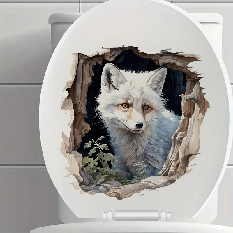 C1221# White Fox in the Hole Toilet Stickers, Bright Wall for Home, Cabinet, Door,Decoration, Vinyl Car Decals, Art Wallpaper