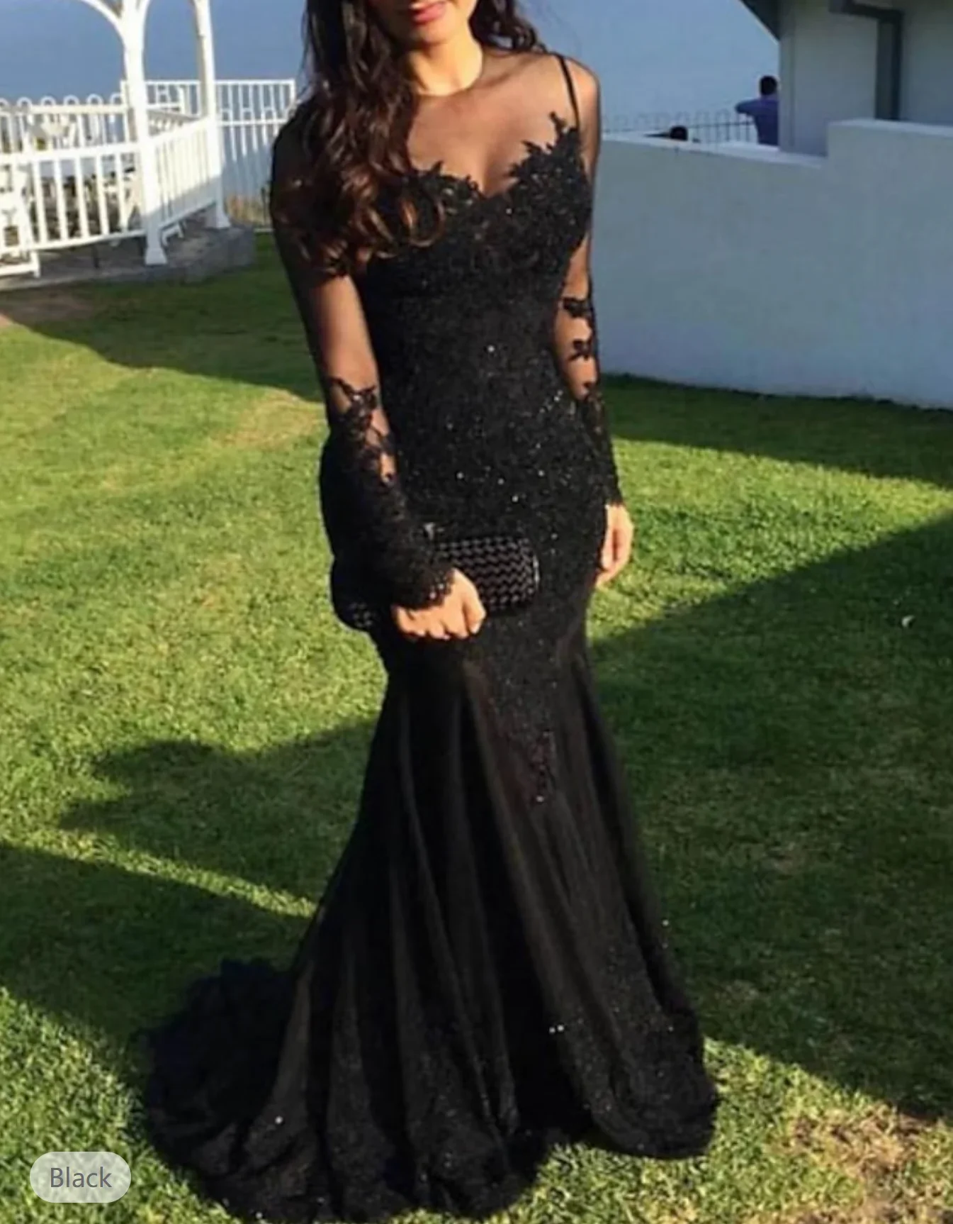 Mermaid Black Dress Evening Gown Sequin Prom Dress Sparkle Formal Gown Brush Train Long Sleeve Crew Neck Lace with Appliques