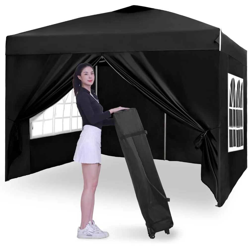 Pop-up Gazebo Instant Portable Canopy Tent 10'x10', with 4 Sidewalls, Windows, Wheeled Bag (10FTx10FT, Black) Freight free