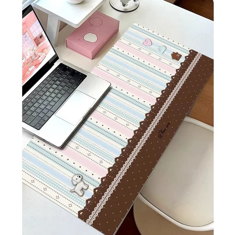 PU Leather Mouse Pad Sweet Ballet Pink Lace Stripe Stars Bow Mouse Pad Office Desk Mat Waterproof Non-Slip PU Desk Blotter Pad