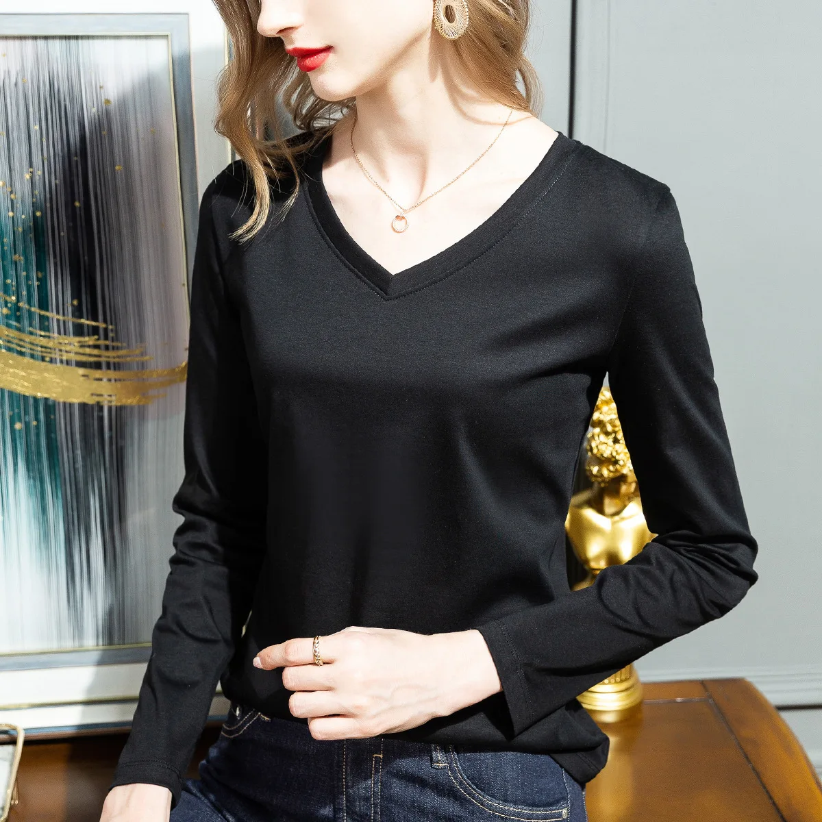 Boweylun New Women Double-sided Mercerized Cotton Long-sleeved T-shirt Spring Skin-friendly Breathable Solid V-Neck Slim Top