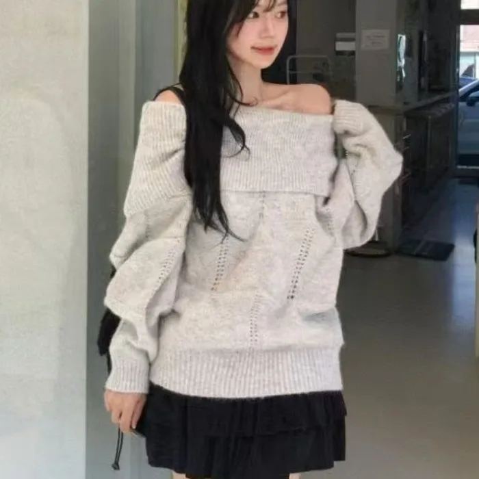 Maglieria da donna coreana Sle Chic scava fuori una spalla lunga Sve taglio dritto pendolarismo Sle Casual autunno inverno Top