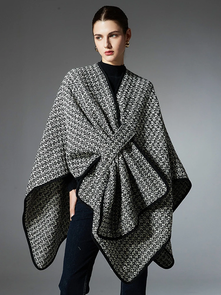 

Winter Wool Shawl Scarf Women Lady Layers Poncho Elegant Black White Plaid Wrap Casual Scarve Capa Para Mujer Fashion Warm Party