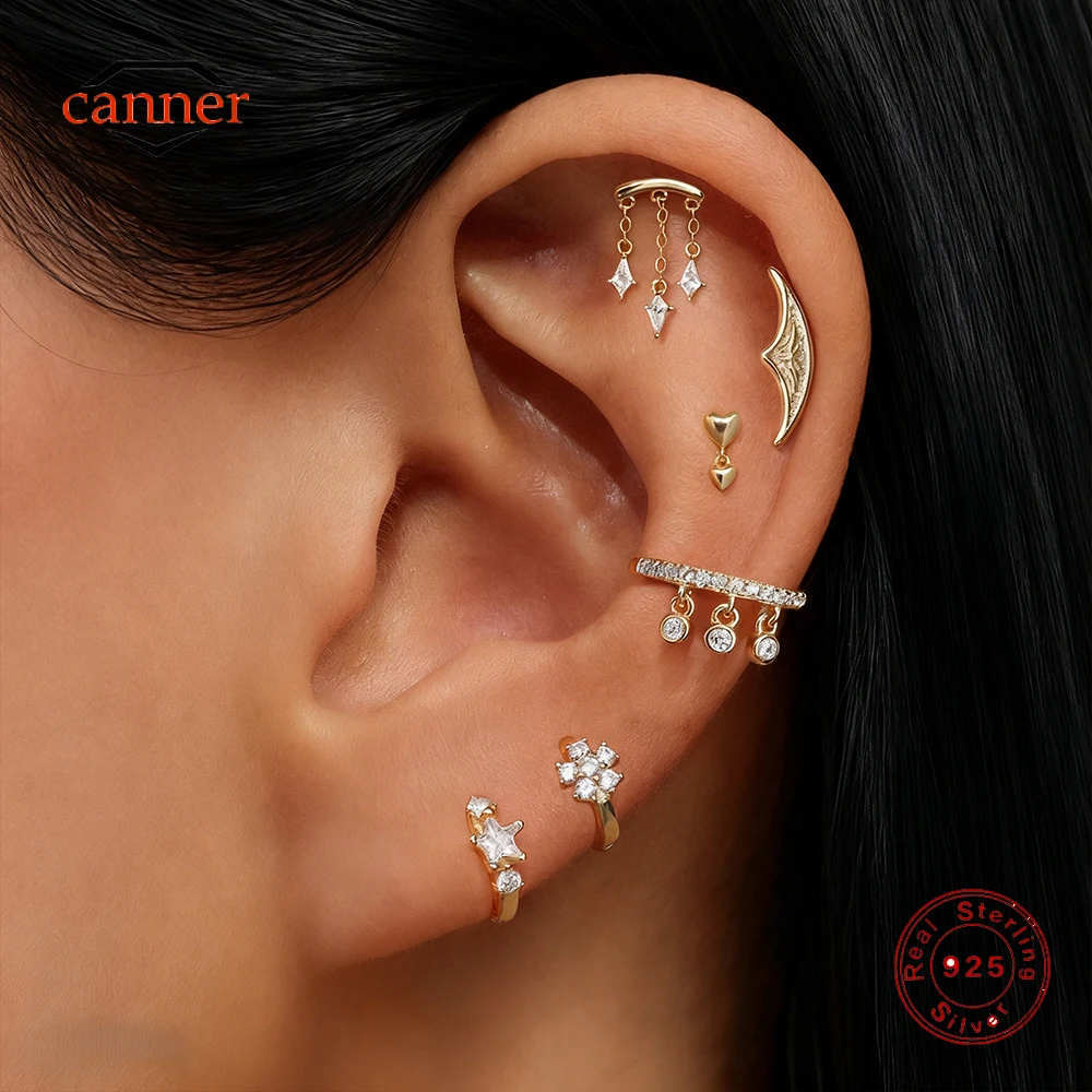 

CANNER 1PC 925 Sterling Silver Smooth Love Flat Head Piercing Ear Bone Nail Earrings For Women Ins Tassel Chain Stud Earrings