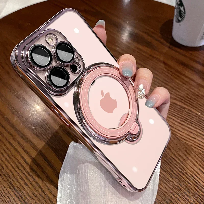 Transparent Luxury Standing Holder Phone Case For iPhone 15 14 13 12 11 Pro Max Plus XR XS Max X For Magsafe Ring Cases Cover