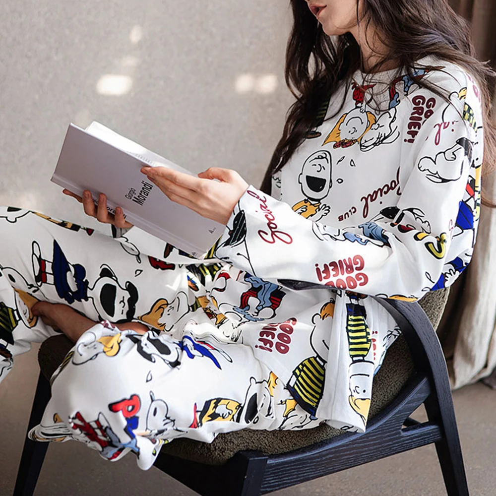 Comfort Women Snoopy Cartoon Pajama Set Long Sleeve Top Long Pants Loose Soft Sleepwear Ladies Cotton Loungewear Autumn Gift