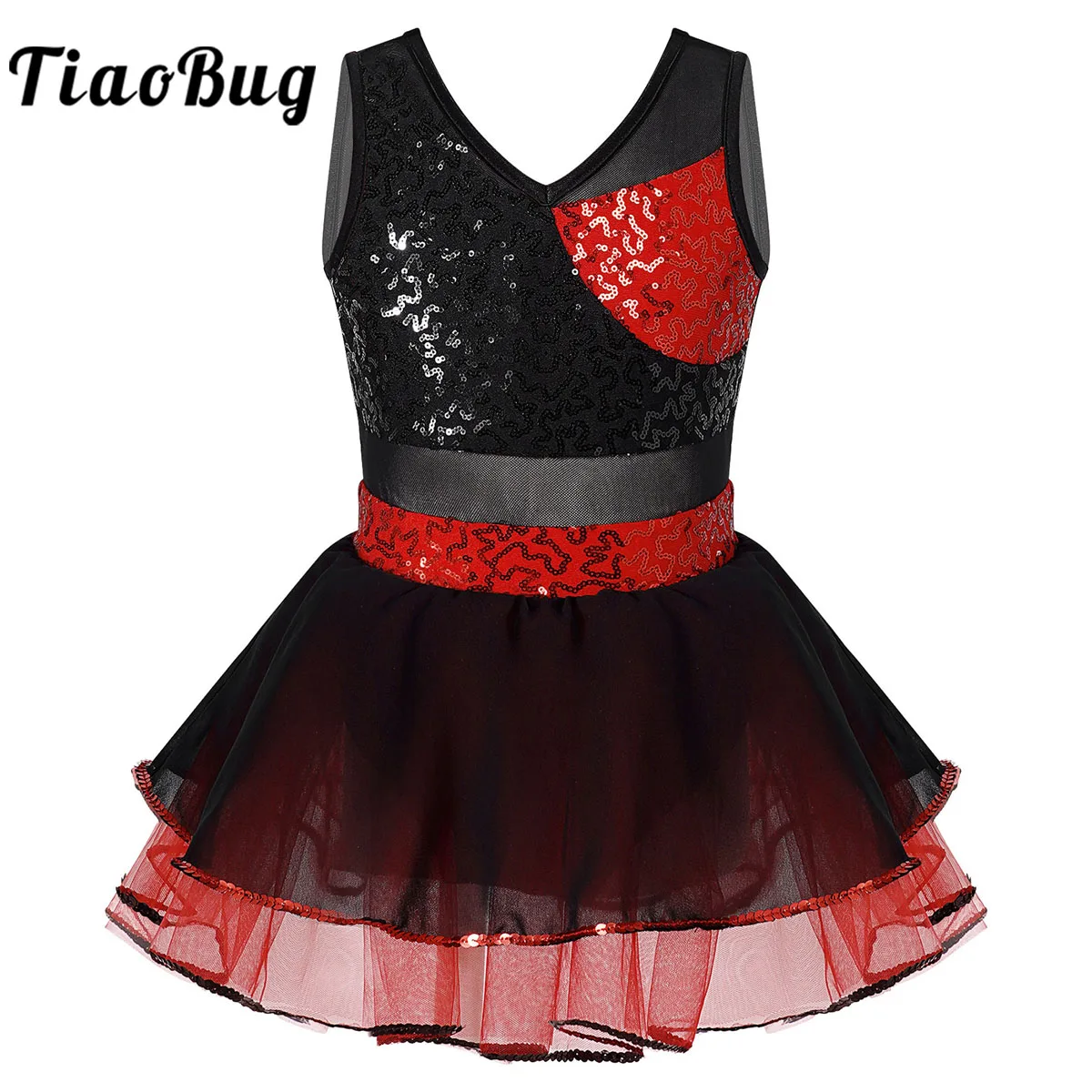 Sequins Ballet Dance Dress Kids Girls Sleeveless Mesh Skirted Gymnastics Leotard Moden Latin Jazz Dancing Figure Skating Dress