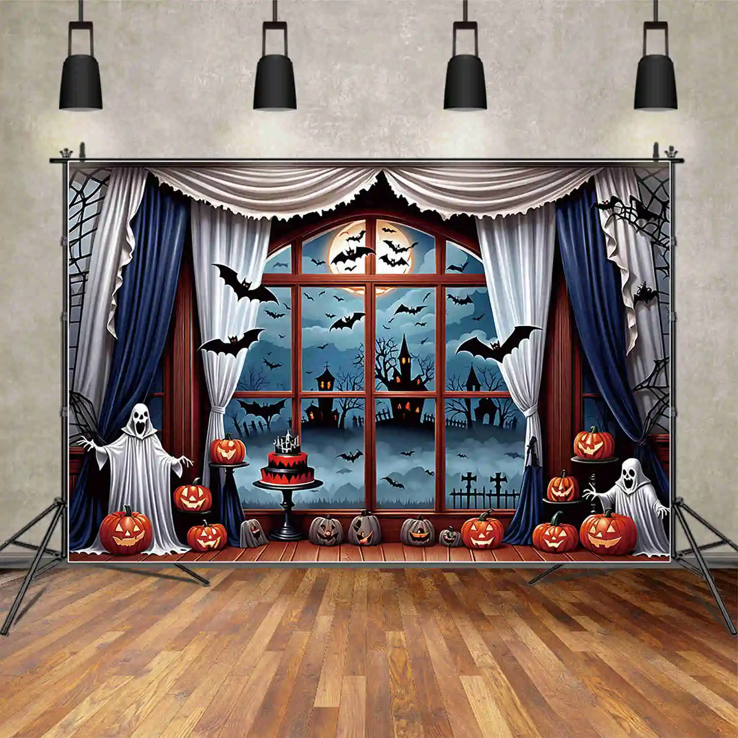 MOON.QG latar belakang merah Halloween menyeramkan hantu dalam ruangan batu nisan anak-anak latar belakang kustom dekorasi pesta perlengkapan pengambilan foto