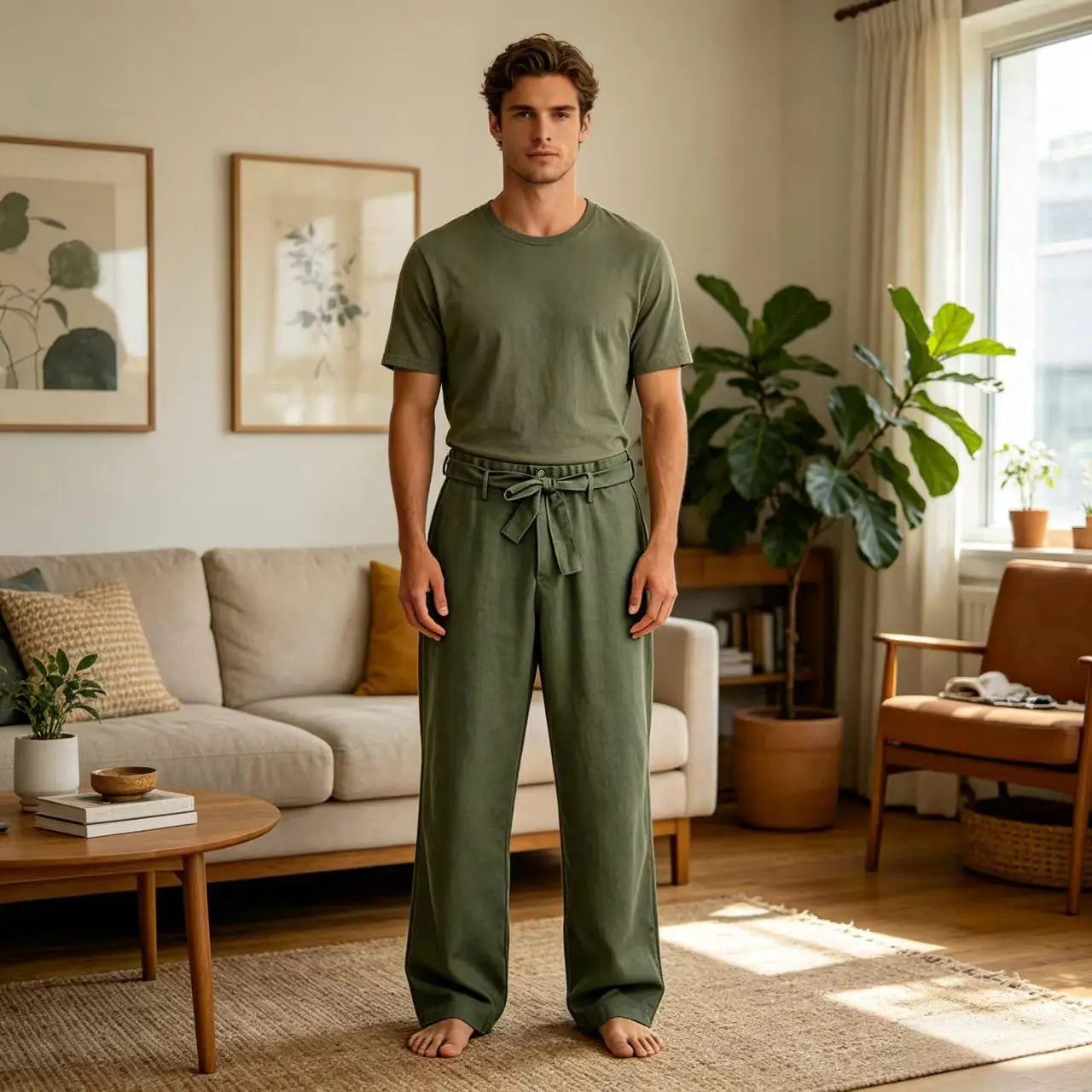 

Vintage Men's Tie Waist Linen Blend Pants High Waist Wide Leg Casual Trousers Soft Breathable Lounge Pants for Men