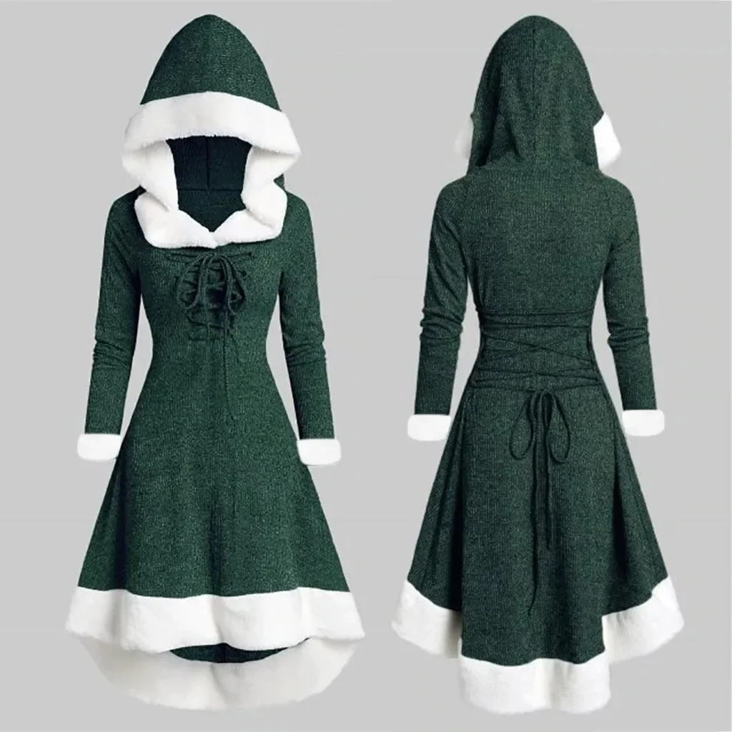 Ladies Christmas Dresses Santa Costume Winter Fur-collar Lace-up Patchwork Hooded Dress Plush Long-sleeved Party Prom Dress Xmas