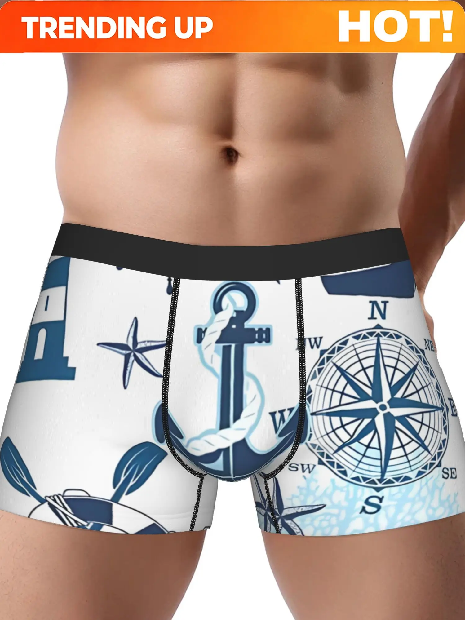 1pc Preppy Coastal Blue Nautical Lighthouse Compass Seashell Ship Anchor Underpants Homme Panties Men's Underwear Print Shorts B