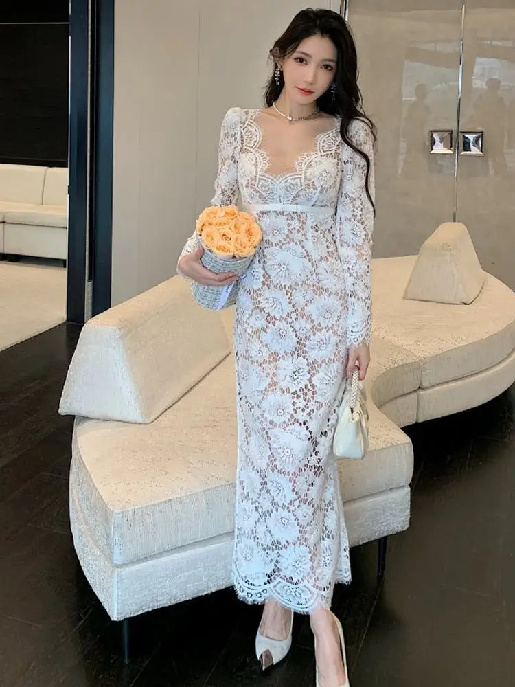 

Pure White Long Sve V-Ne Lace Dr with Knot High Waist Fi Tail Gown for Autumn Winter Ele Lady Sle