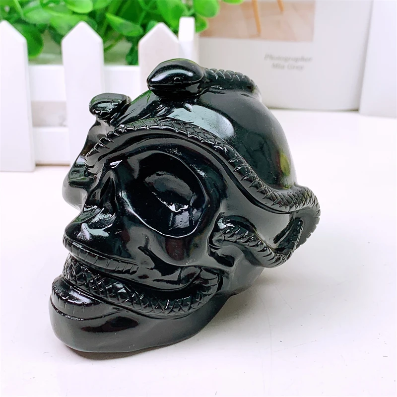 1Pc Natural Black Obsidian Snake with Skull Mini Statue Crystal Figurine for Room Decor Halloween Decoration Witchcraft Gift