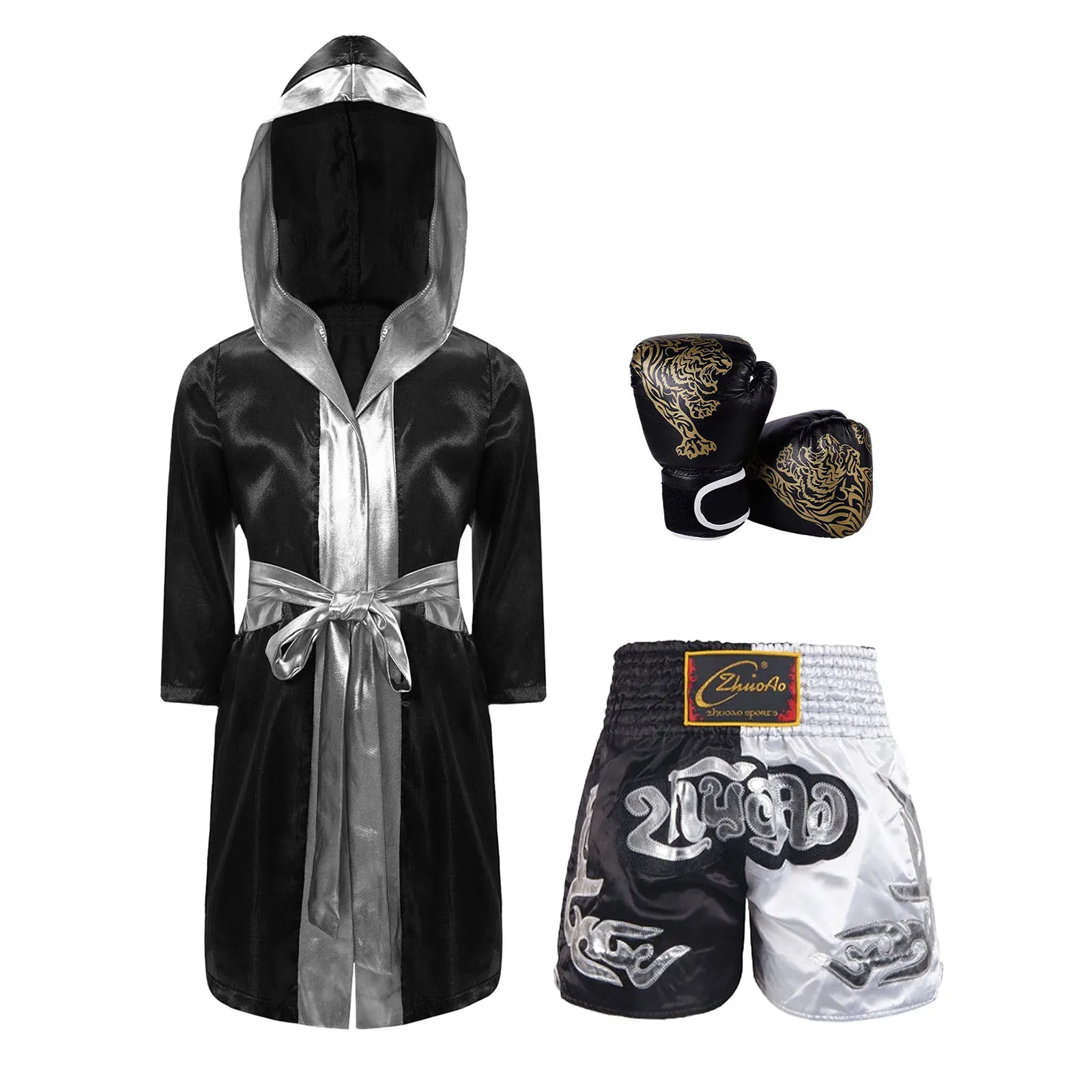 Vestaglie da boxe per ragazzi Bambini Muay Thai Sanda Abito con cappuccio con cintura Pantaloncini Adolescenti Bjj Boxer Guanti Set Costume da allenamento per bambini