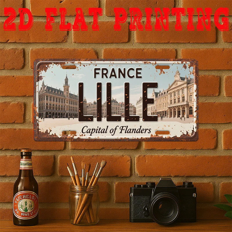 2D Flat, [Jit], 2d Flat Printing, 1pc, Vintage Metal Tin Sign, Decorative Sign (29.97 cm * 14.99 cm), Lille Capital of Flanders
