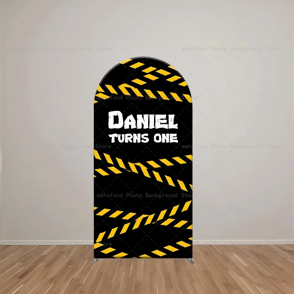 Mehofond Arch Backdrop Customized Name Vitality Engineer Black-Yellow Warning Tape Birthday Decor Studio Photography Background