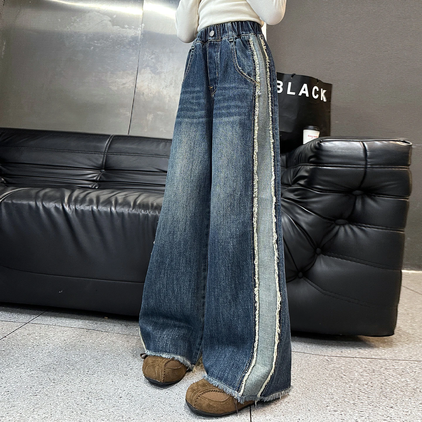 Girls Autumn Jeans Wide Leg Pants Straight Cut Trousers New Fashion Patchwork Frayed Hem Korean Style Casual Kids Long Pants