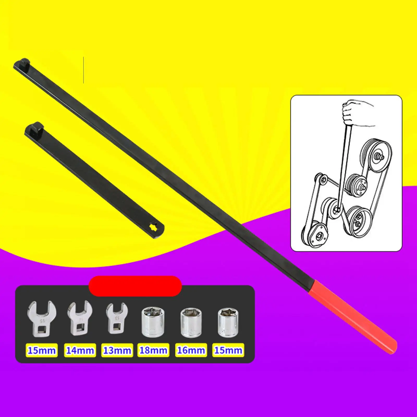 Serpentine Belt Tensioner Tool Set with Extension Bar Hex Socket Multifunctional Sturdy Wrench Kit for Vehicle Engine Repair