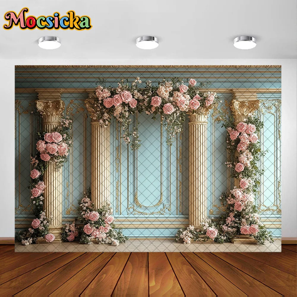 Mocsicka – arrière-plan de photographie, fleur rose, colonne dorée, décoration, gâteau de réception-cadeau pour bébé, accessoires de Studio pour Portrait de fête