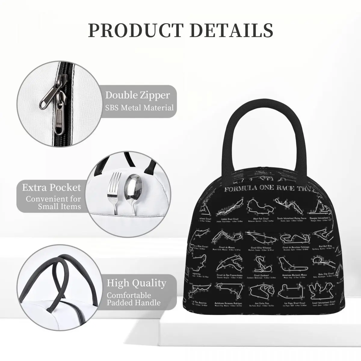 

F1 Race Tracks (White Stencil-No Background) Insulated Lunch Bag for Women Children Leakproof Food Boxes Thermal Lunch Box Tote