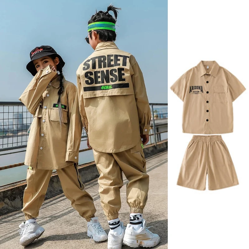 Children Hip Hop Costume Boys Khaki Suit Loose Long SLeeves Street Dancing Shirt Pants Girls Jazz Performance Clothes VDB2715