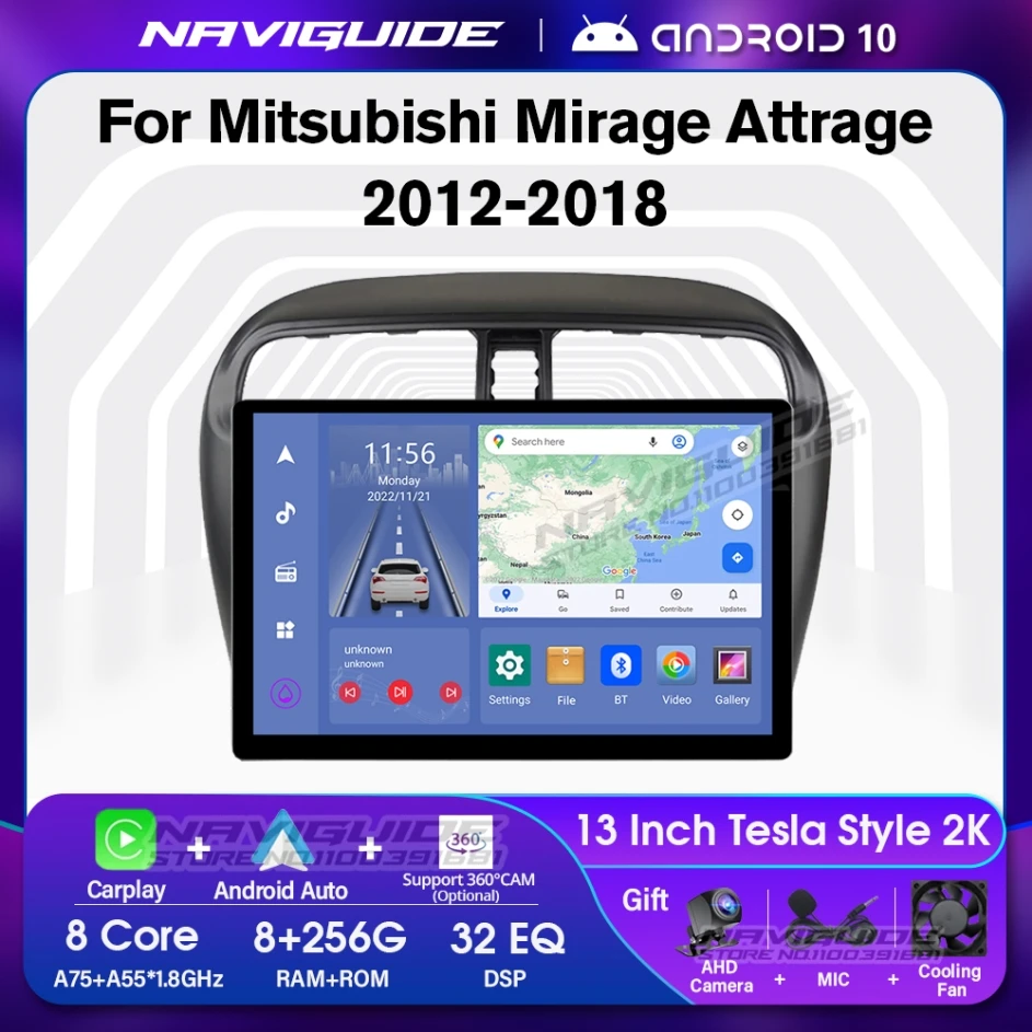 NAVIGUIDE 13inch 1920*1200P Car Radio For Mitsubishi Mirage Attrage 2012-2018 Android10 Auto Navigation Stereo Multimedia Player