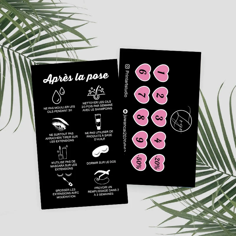 Custom Lash Extensions Loyalty Cards Instruction cards Aftercare Card Design Eyelashes Discount Code Thank you business cards