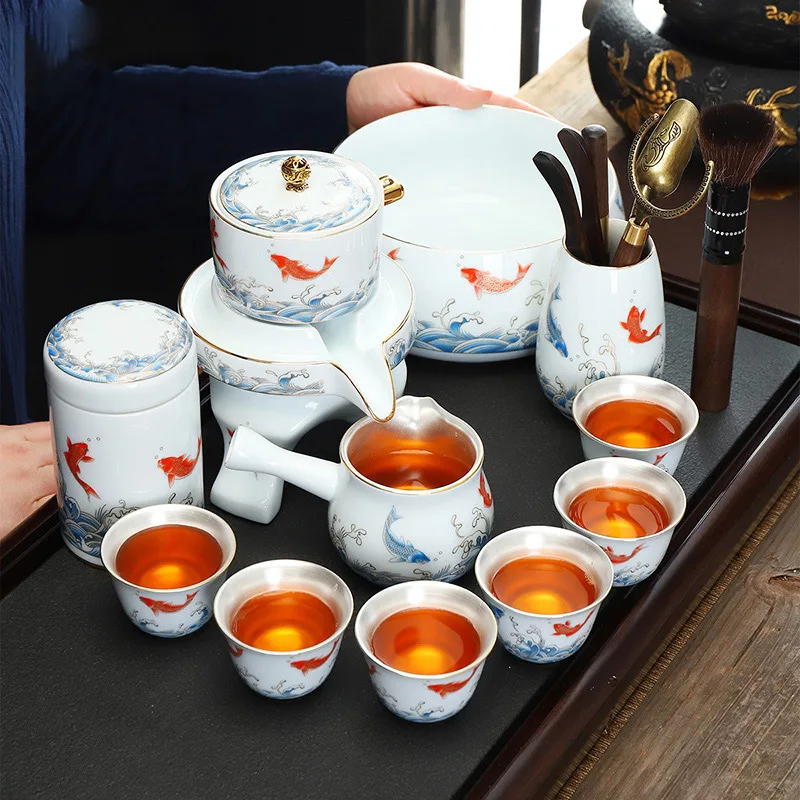 999Pure Silver Tea Set for Home and Office, Semi-Automatic Lazy Tea Brewing Cup, Ceramic Silver-Plated Tea Cup, High-End Gift Bo