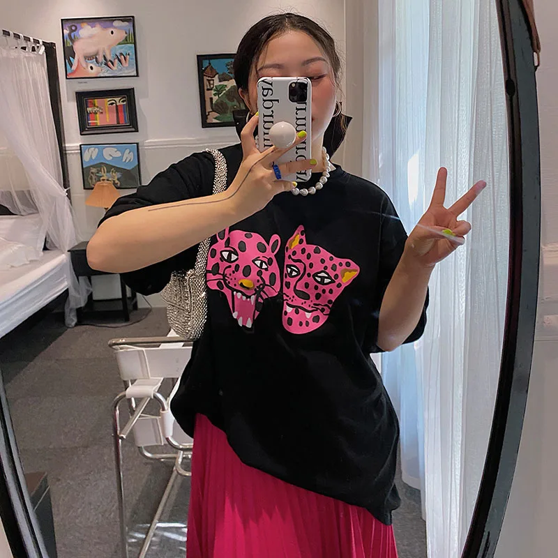 Kpop Pink Leopard Printing Women Summer Street Fashion Black T Shirts Short Sleeve Loose Cotton Tops 90s Y2K Tee Shirts