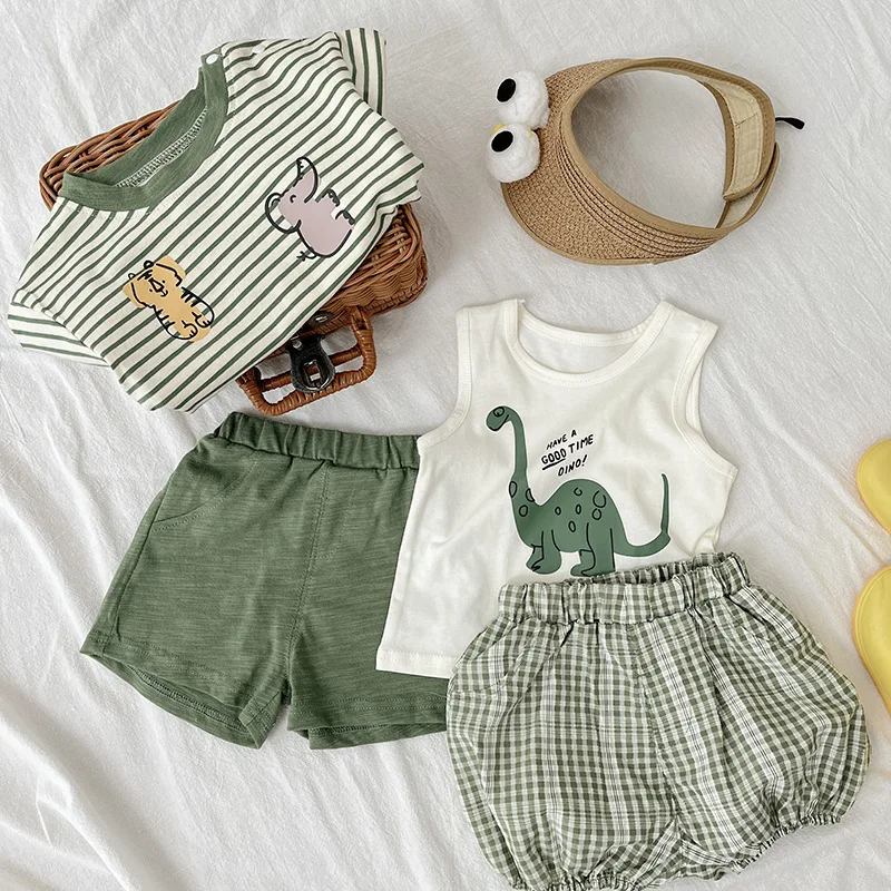 

Summer Clothes Newborn Boy Striped Cute Animal Print Short Sleeve T-shirt +solid Shorts 2pcs Girl Baby Cartoon Dinosaur Vest Set