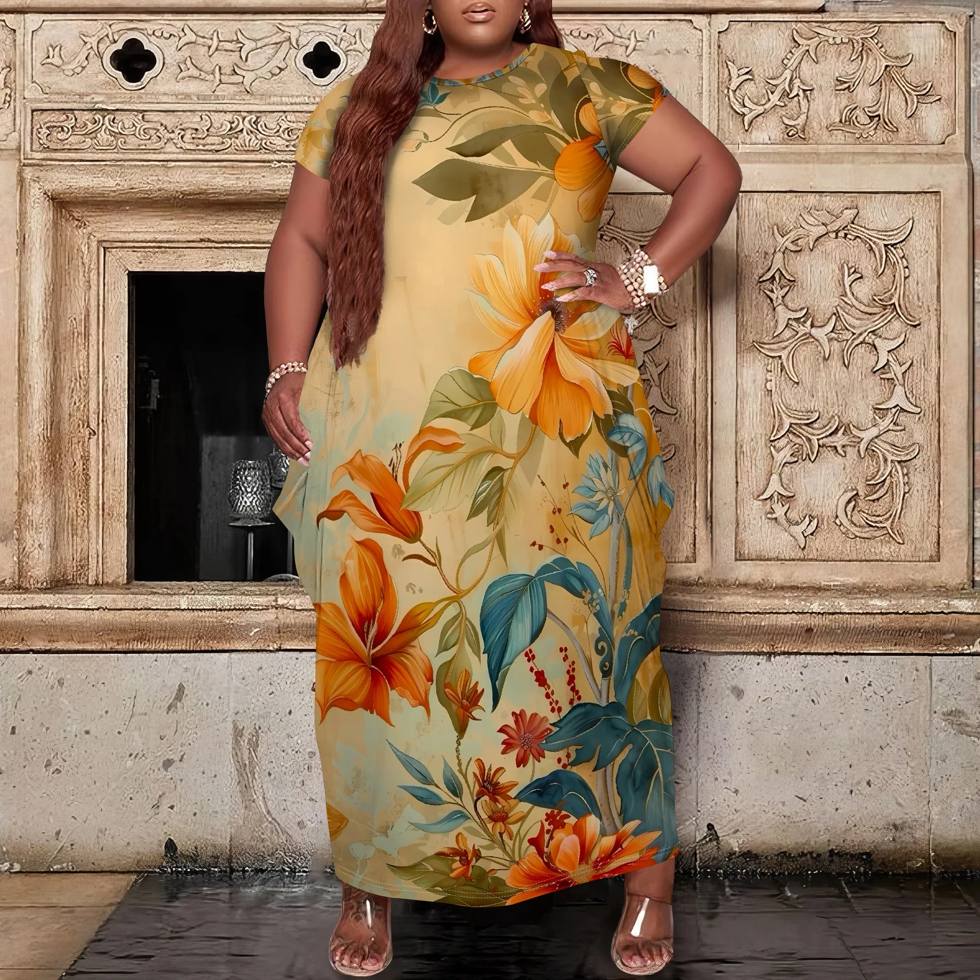 

Nupusa Yellow Floral Print Dress for Women Plus Size Summer Casual Round Neck Short Sleeve Maxi Dress