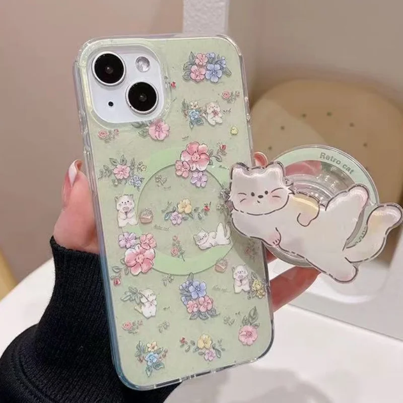 Korean Cute Kitty For Magsafe Phone Magnetic Griptok Stand For iPhone Funny Foldable Wireless Charging Case Holder