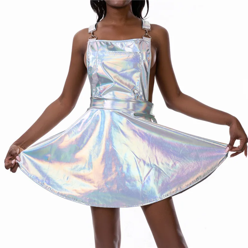 Glitter Laser Holographic A-Line Dress Women Backless Criss Cross Buckle Strap Wet Look 2021 Fall Fashion Sexy Mini Dresses