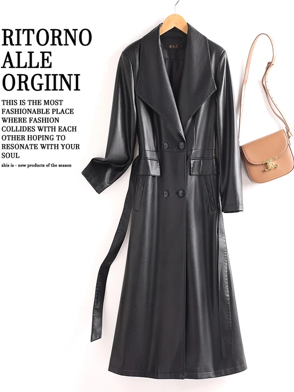   Ning Cappotto in vera pelle di eepskin da donna di media lunghezza Sli Slim-Fit Giacca a vento sopra il ginocchio Trendy Pendolari Sle Doppiopetto