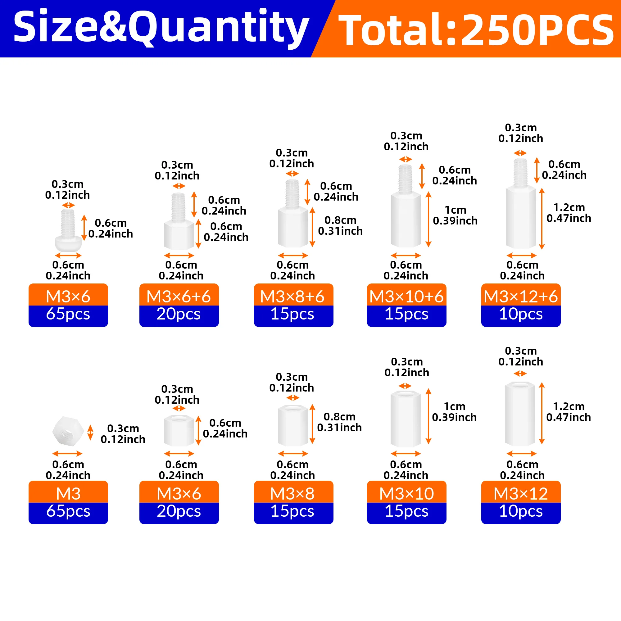 250 ชิ้น/กล่อง M3 พลาสติกสีขาวไนลอนฉนวน Hex Standoff หกเหลี่ยมเสา Spacer คอลัมน์สกรู Nut ขนาดผสมชุด Assortment ชุด