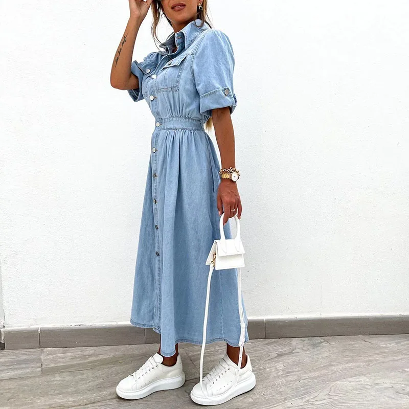 Elegant Lapel Short Sleeve Denim Dress New Casual Single-breasted Pocket Long Dress Summer High Waist Temperament Commute Dress