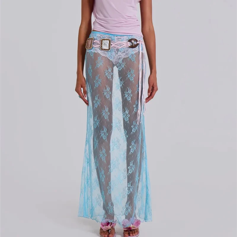 Women Lace Sheer Maxi Skirt Y2k High Waist Sexy See Through Cover Up Long Skirt Beach Boho Clubwear 2026 Summer