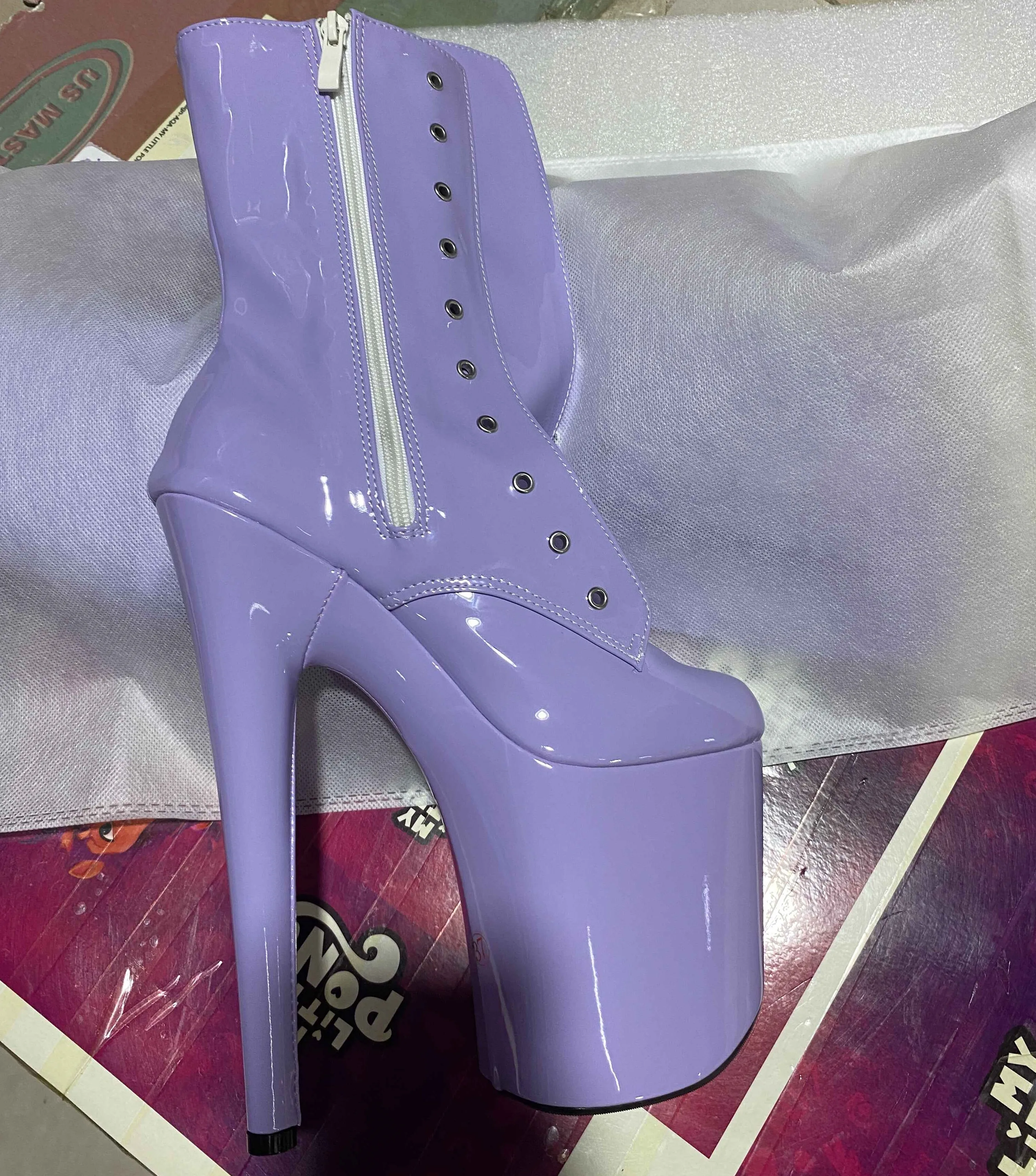 20Cm Violet Kleur, Modieuze Sexy Cavalier Dames Hoge Hak Platform Enkellaarzen, Paaldansschoenen