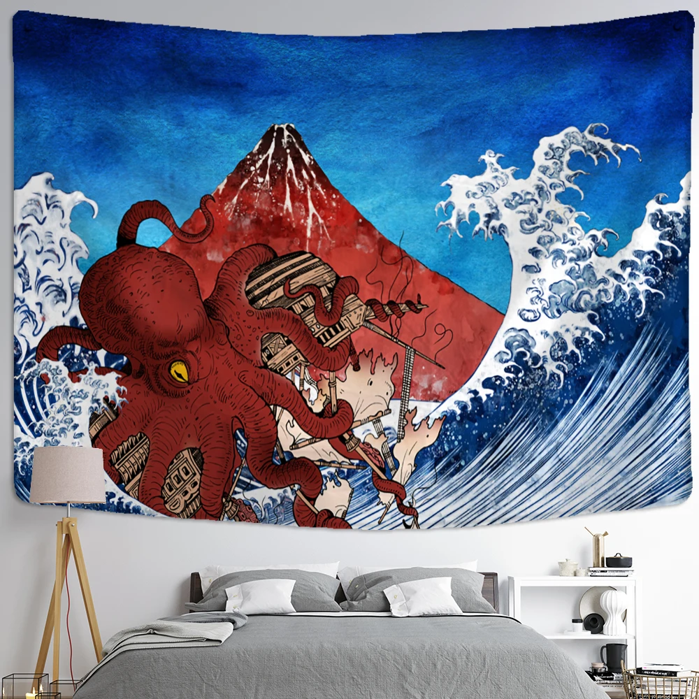 Kanagawa Waves Oil Painting Tapestry Wall Hanging Bohemian Style Printing Psychedelic Hippie Art Home Decor