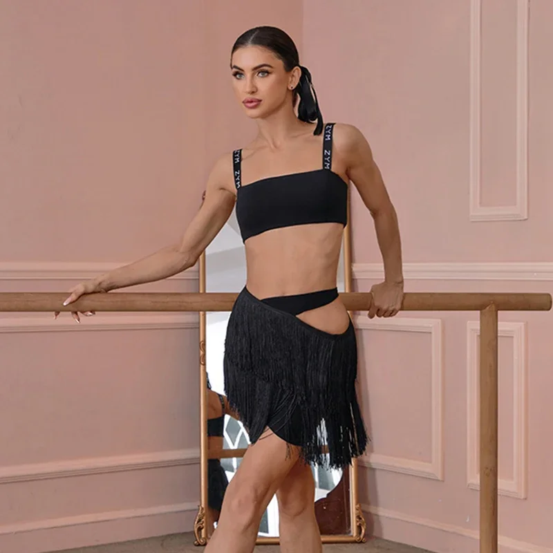 Roupas de dança latina de verão, mulheres, colete preto, sutiã, saia com borla, adulto, treinamento de dança latina, roupas de prática de samba nv22797