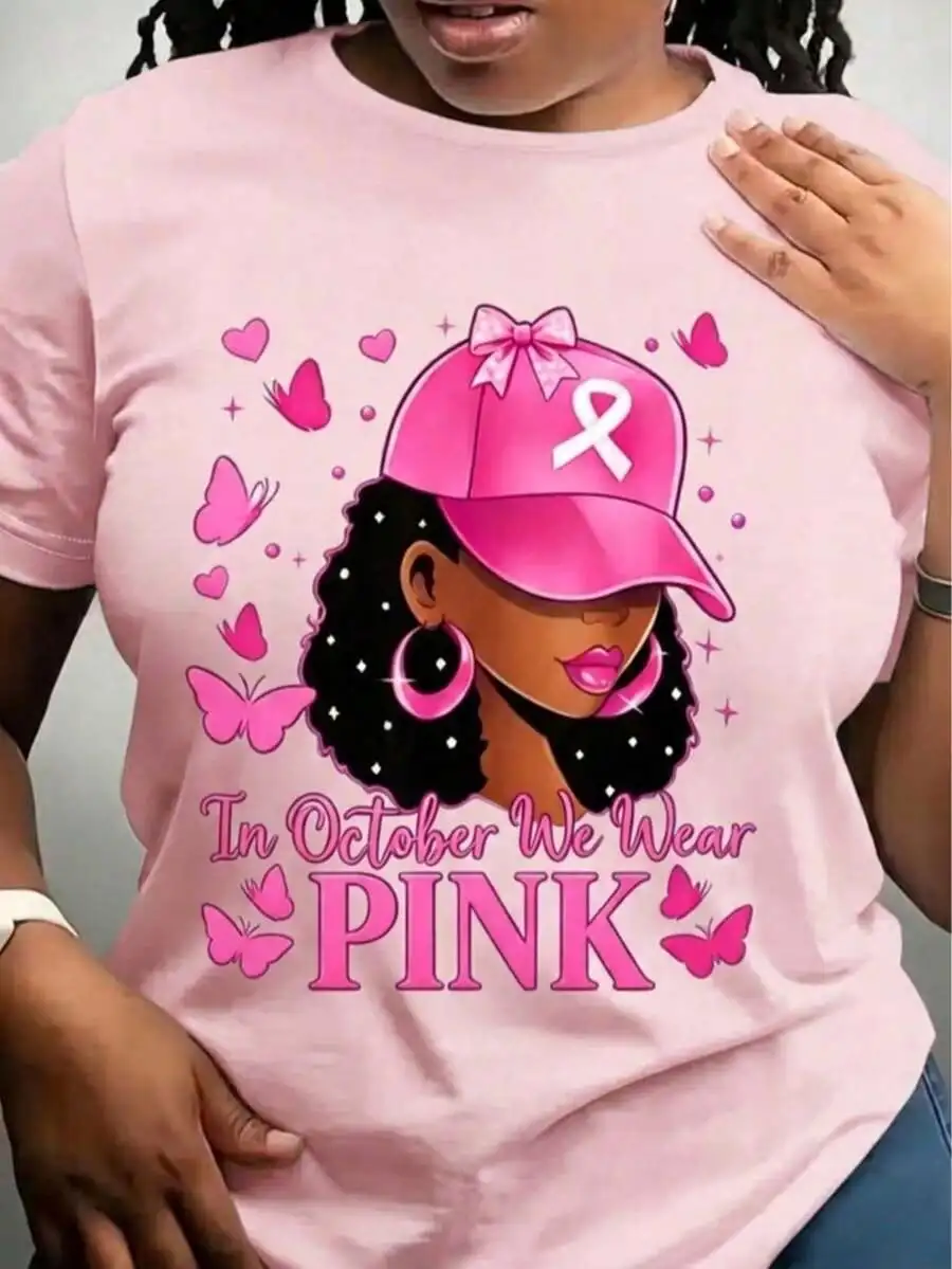 2026 New Fashion Women Crew Neck 100% Cotton T-Shirt Pink Breast Cancer Awareness Theme Slogan Print Autumn Daily All-match Casual Tops Basic Top T-Shirt