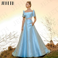 JEHETH Elegant Satin Evening Dresses Puff Sleeves Princess A Line Special Occasion Dress فساتين سهرة Blue Illusion Back Women