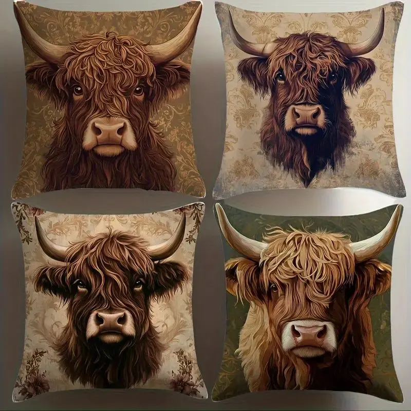 Home Decor Highland Cows With Floral Pattern Pillow Covers Pattern Cushion Cover Suitable For Sofa Bedroom Car Pillow Cover