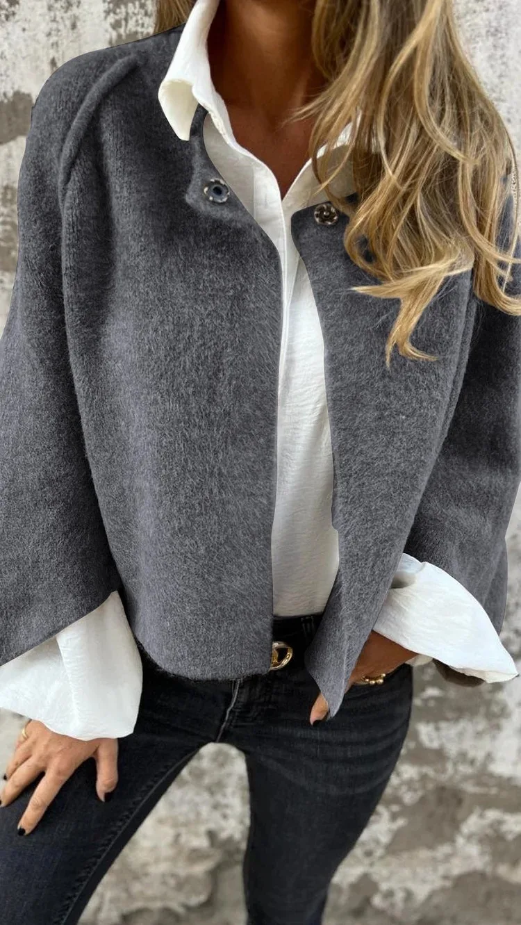 

Women's Retro Jacket Solid Color Casual Loose O-neck Cardigan Fashionable Windproof Autumn Winter Women's Long Sleeved Jacket