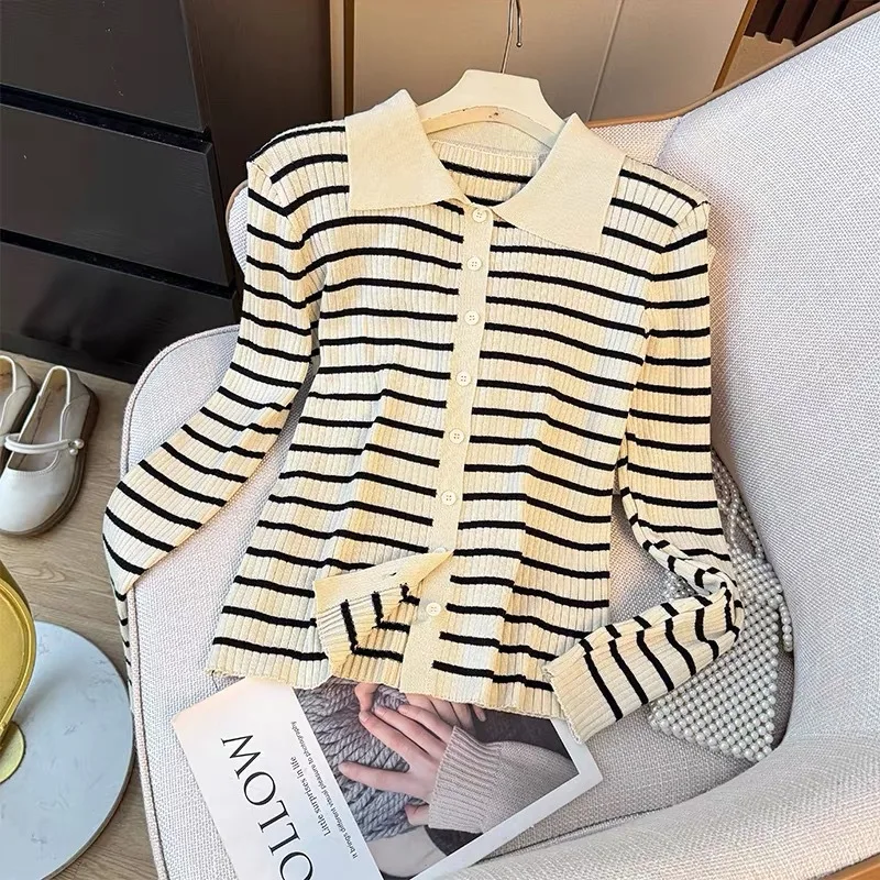 

Korean Sle Color Blo Striped Long Sve Knitted Open Cardigan Slim Fit Single Button Autumn Winter New Sle Cotton Blend