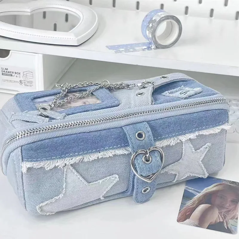 Y2K Vintage Star Denim Pencil Case Girls Fashion Casual Retro Zipper Large Capacity Stationery Case Unisex Multifunctional Gifts