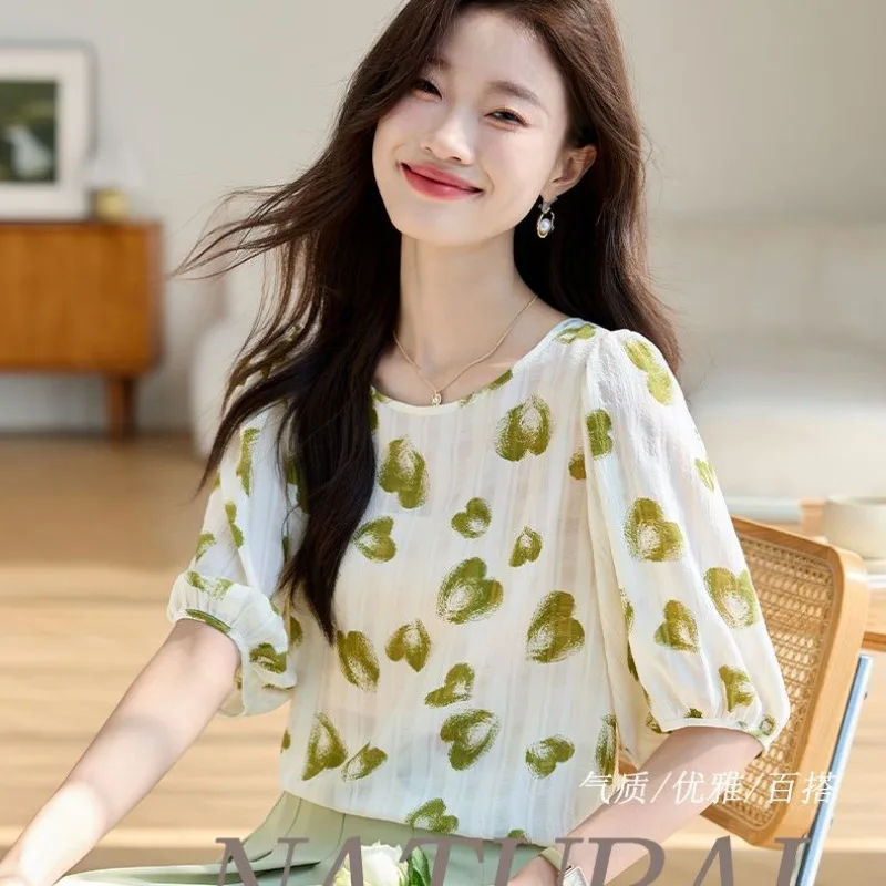 Women's Summer Fashion Elegant Simplicity Printing O-neck Short Sleeve Chiffon Shirt Women Clothes Temperament Casual Loose Tops
